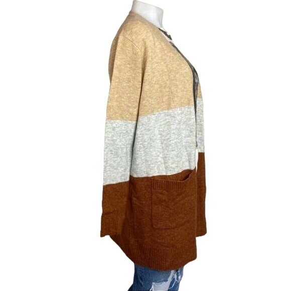A New Day Striped Cardigan Tan Grey Tawny Long Acrylic Sweater Size XS - Picture 5 of 10